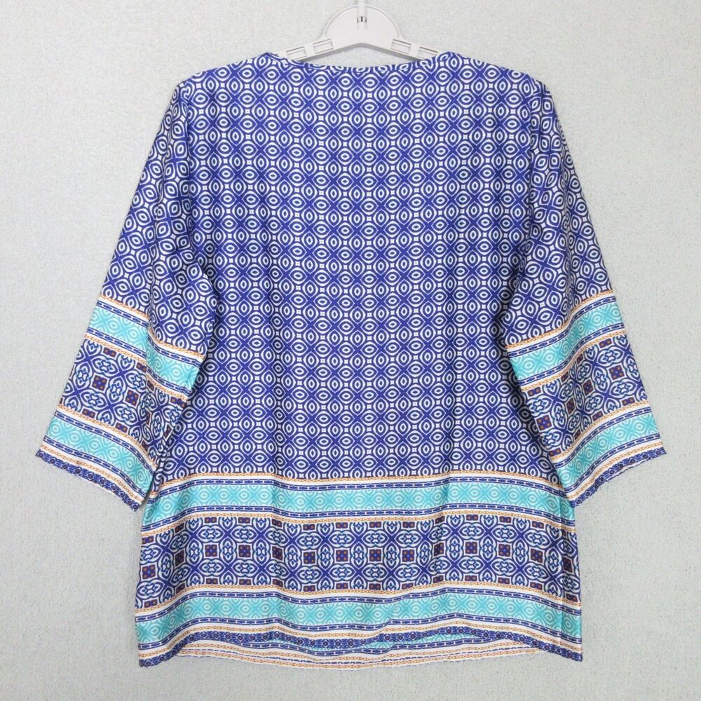 Chicos Tunic Womens 0 (S) Blue Geo Print 3/4 Sleeve Tassel Tie Polyester Casual - Picture 3 of 9